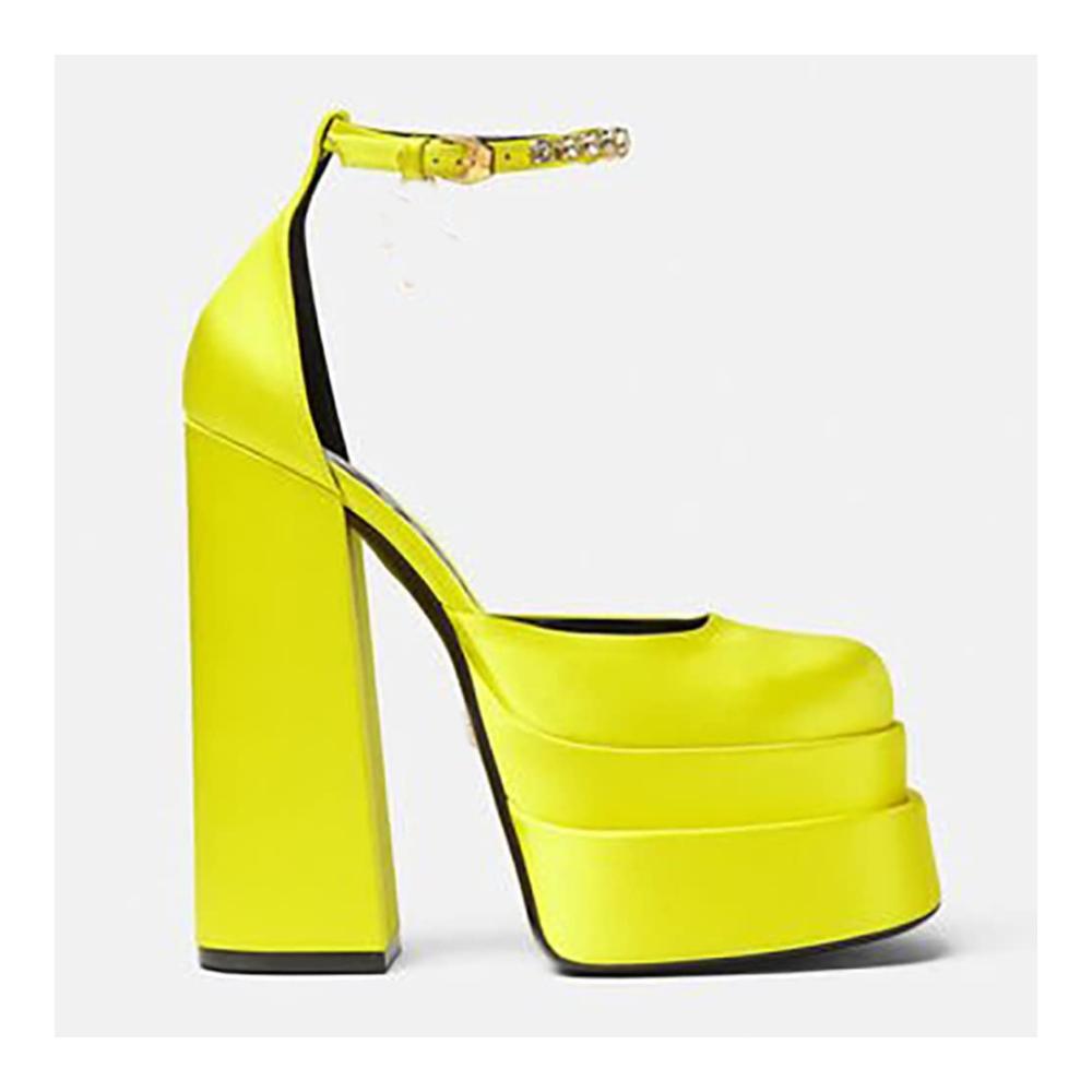 Plateau Chunky Blockabsatz Silk Satin Square Toe Ankle Strap Wedge Pumps – Yellow Size 43