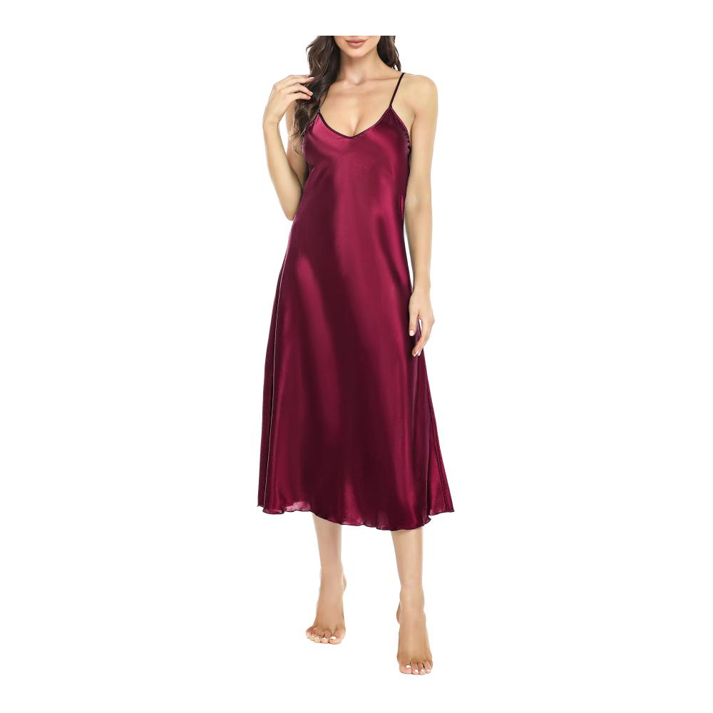 Sexy Satin Damen Nachthemd Lang mit Spaghettiträger V-Ausschnitt - Lovasy Negligee für Frauen