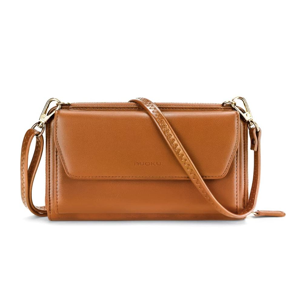 Braune Damen RFID Geldbörse mit Kreditkartenetuis Handytasche zum Umhängen - Doppelriemen Design