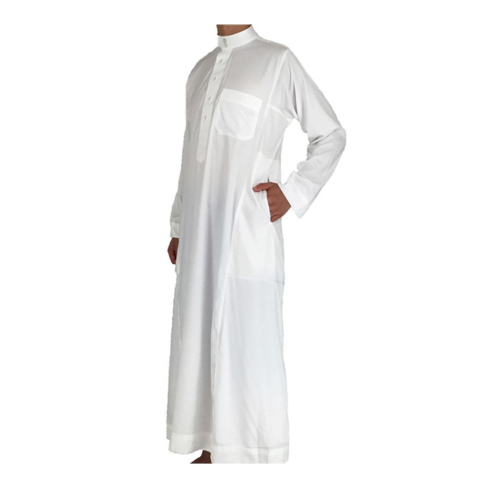 Herren Arabischer Langarm-Bademantel Weißer Kaftan Thobe mit Crew Stehkragen für Strand & Sommer