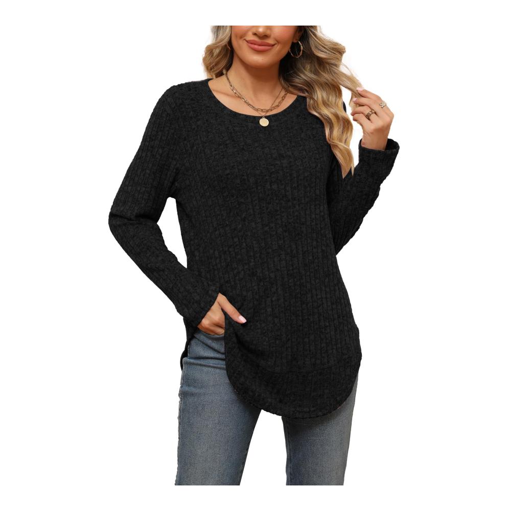 Damen Langarm Pullover Herbst Winter - Uni Basic Rundhals Geschwungener Saum Leicht & Stilvoll