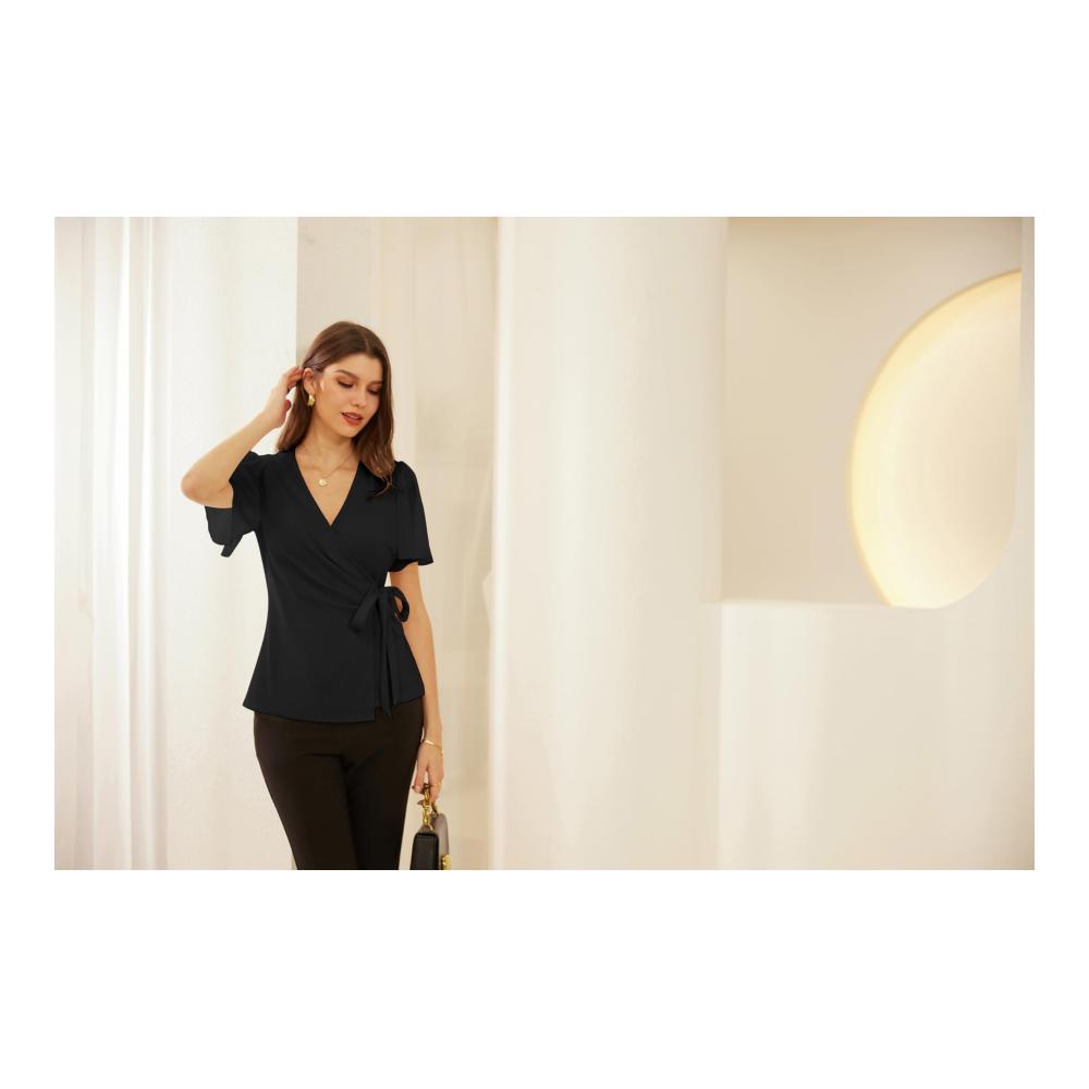 Blusen & Tuniken GRACE KARIN Damen Wickelbluse - Elegante V-Ausschnitt Tunika aus Fließendem Chiffon mit Kurzarm Loose Fit Sommer Top für Freizeit und Basic Looks