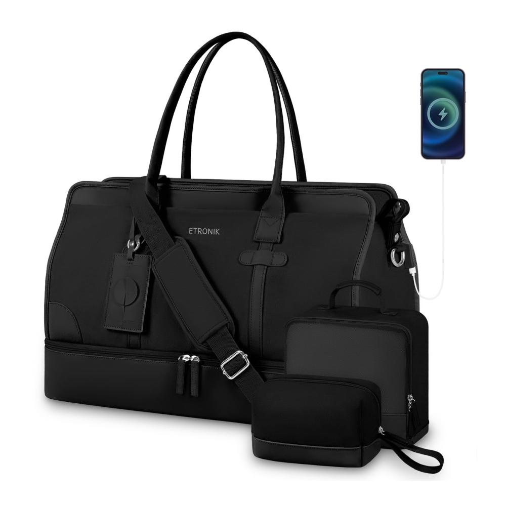Premium Damen Weekender Reisetasche Set - Große Tasche mit Schuhfach Nass-Tasche & Kulturtasche - Ideal für Krankenhaus - 4-teiliges Sporttaschen-Ensemble (Schwarz1