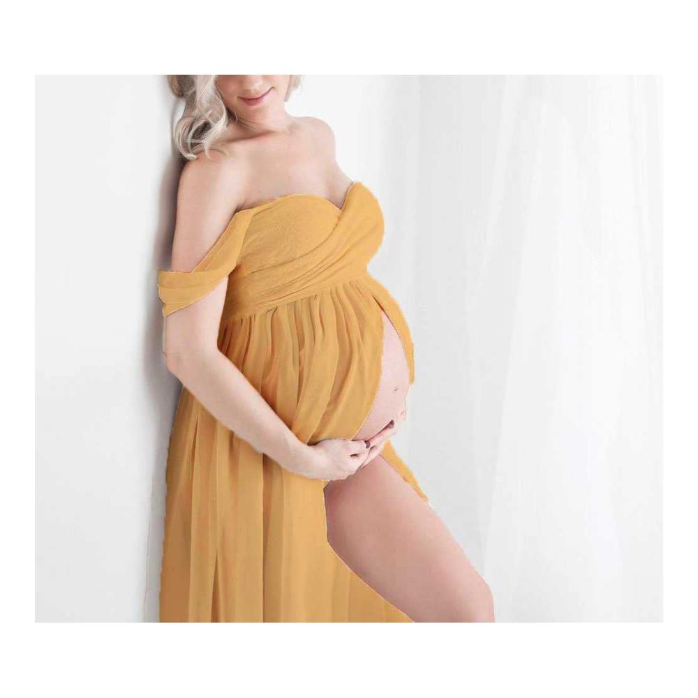 Umstandskleid QREXVOG Damen - Elegantes Off-Shoulder Tüll Maxikleid mit Schlitz für Schwangerschaftsfotoshootings