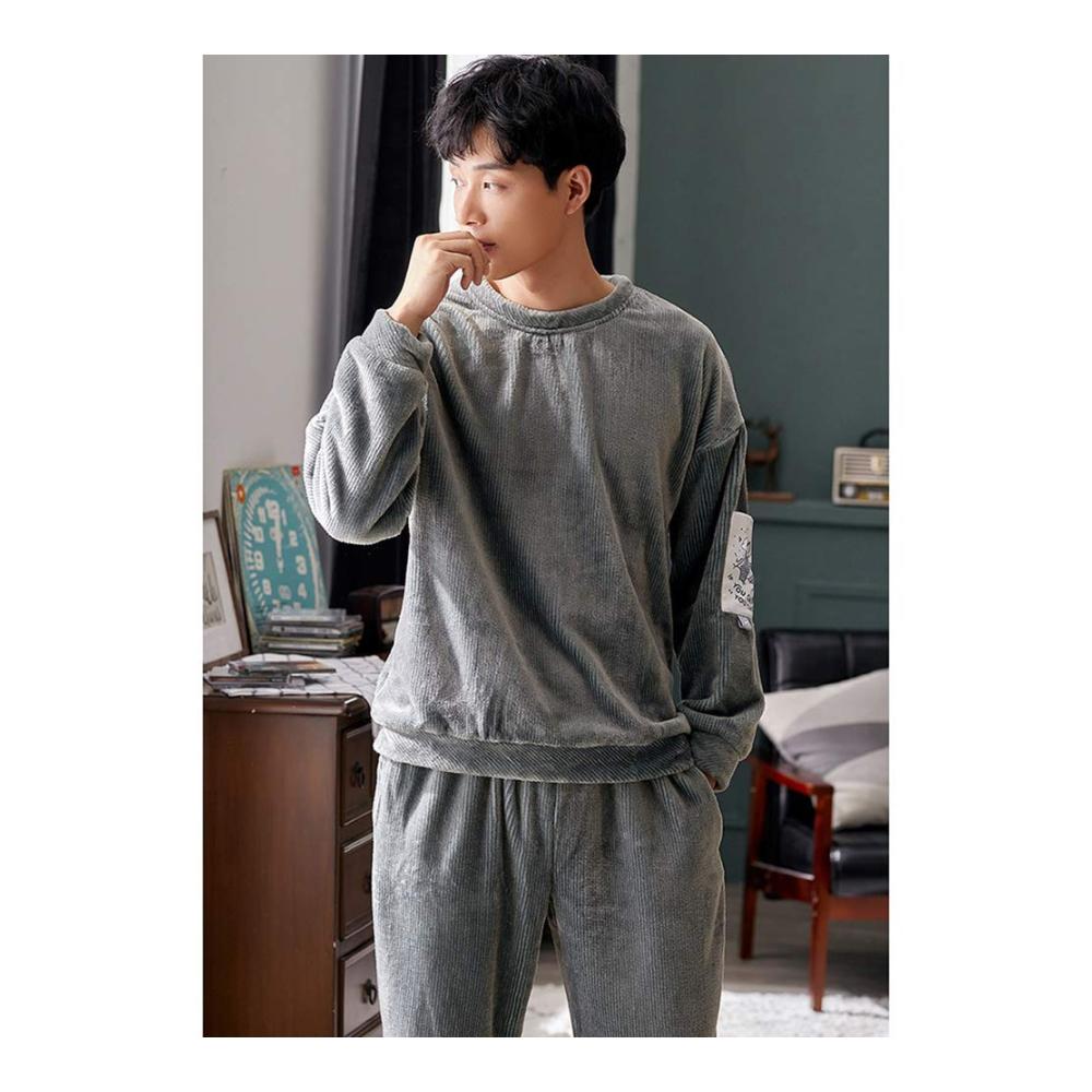 Herren Schlafanzüge Set aus Coral-Fleece – Warme Nachtwäsche mit Rundhalsausschnitt Sportliches Design Größe L