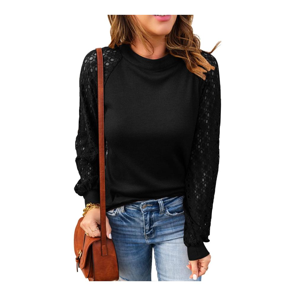 Damen Pullover Langärmliges Waffelstrick-Top mit Spitzenakzenten Rundhalsausschnitt und Raglan-Ärmeln - Bequem warm und dehnbar