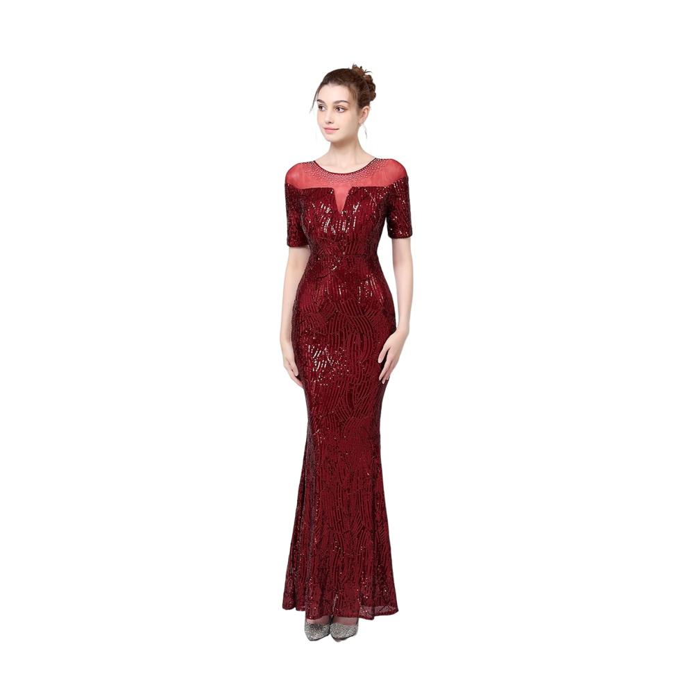 Abendkleider Damen Halbarm Vintage Spitzenkleid Hochzeit Chiffon Faltenrock - Elegantes Langes Kleid mit Rundhals