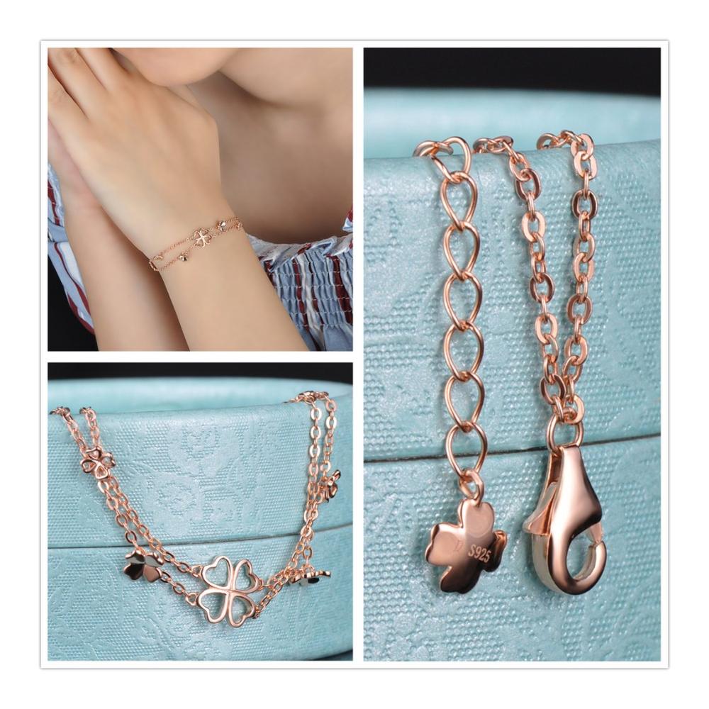 Roségold Schmuck-Set 925 Sterling Silber Zirkonia Vierblättriges Kleeblatt Charm - Damen Armband & Halskette - Elegantes Armkettchen mit Anhänger