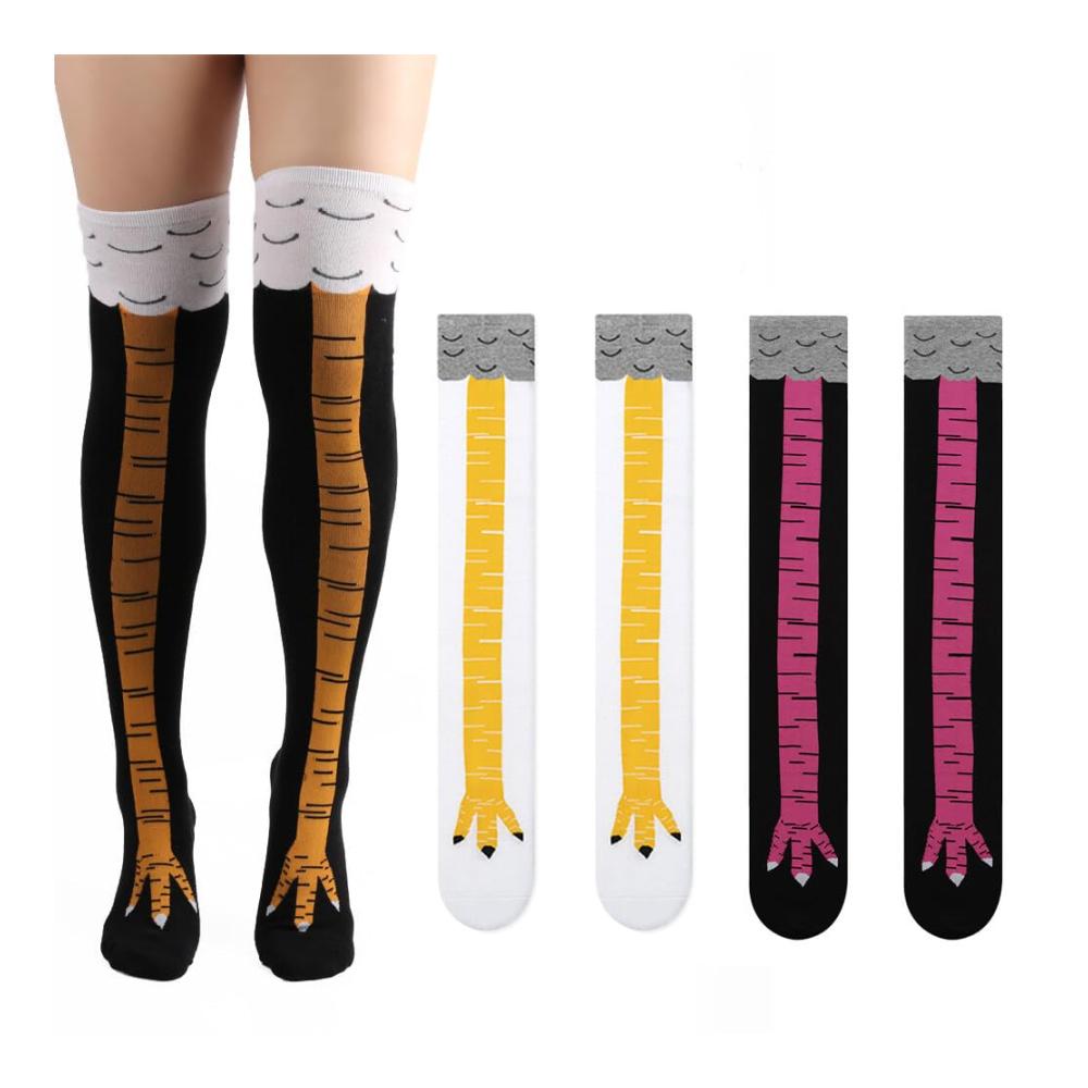 3er Set lustige Kniestrümpfe mit Hühnerfüße-Motiv - Damen Overknee Strümpfe in Weiß Schwarz und Rosa für Winterwärme und Spaßgeschenke