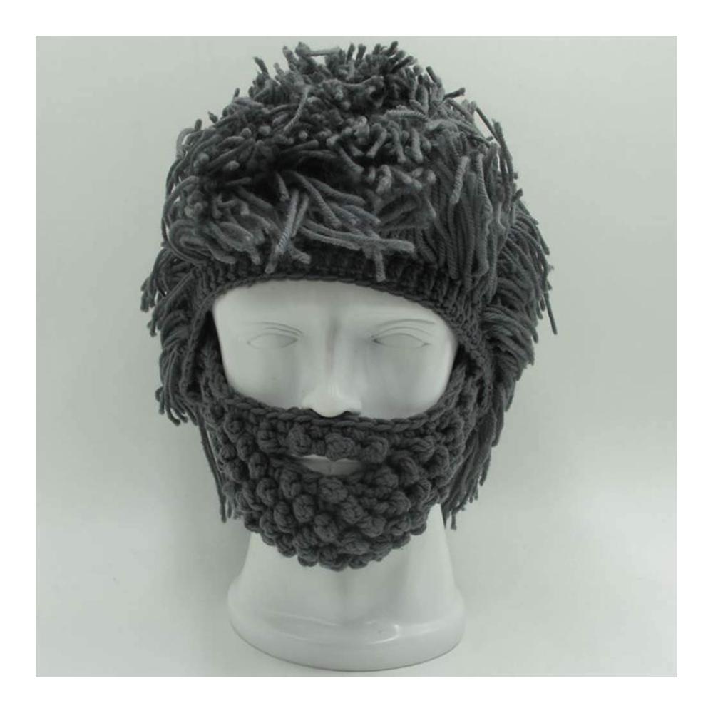 Handgemachte Barbarian Beanie Cap für Kinder und Erwachsene – Wikinger-Strickmütze mit Bartdetails lustige Skull Cap in Grau Große Größe