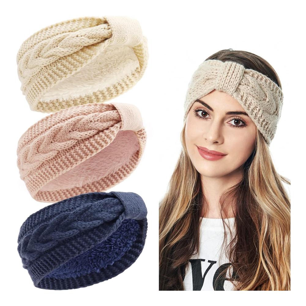 Winter Stirnbänder für Damen - Gestrickte Haarreifen in Marine Rosa & Weiß - Verdickte Stirnbänder mit Ohrenwärmern für Outdoor Sport Skifahren Laufen & Workout
