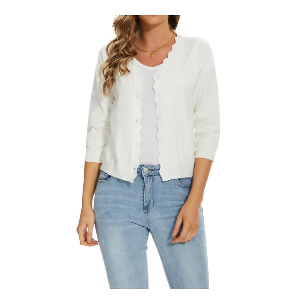 Damen Strickjacke mit V-Ausschnitt und 3/4 Ärmeln - Modischer Cardigan mit Knopfleiste eleganter Strickmantel und Knit Bolero in einem