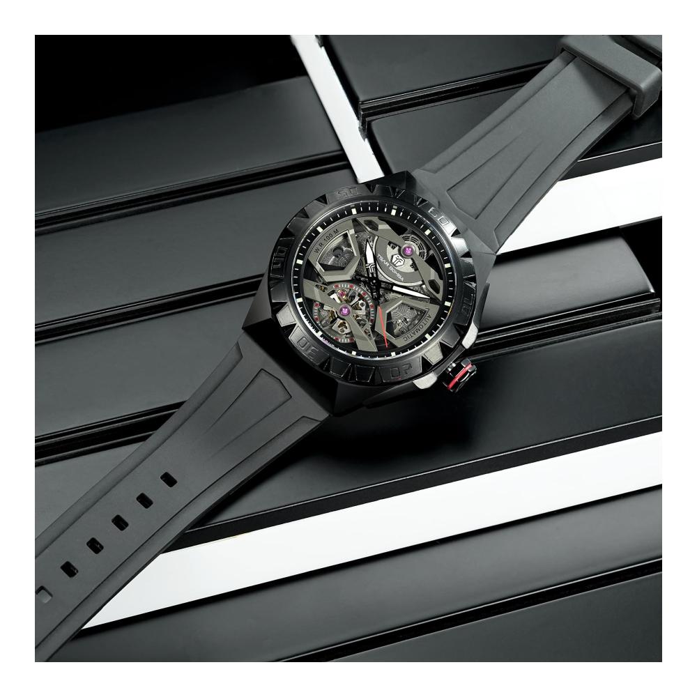 Automatik Armbanduhr für Herren – TSAR BOMBA Tonneau Skelettuhr 100M wasserdicht Fluorkautschuk Armband Edelstahl Saphirglas Mechanisch Schwarz Achteckig Männer Analoguhr