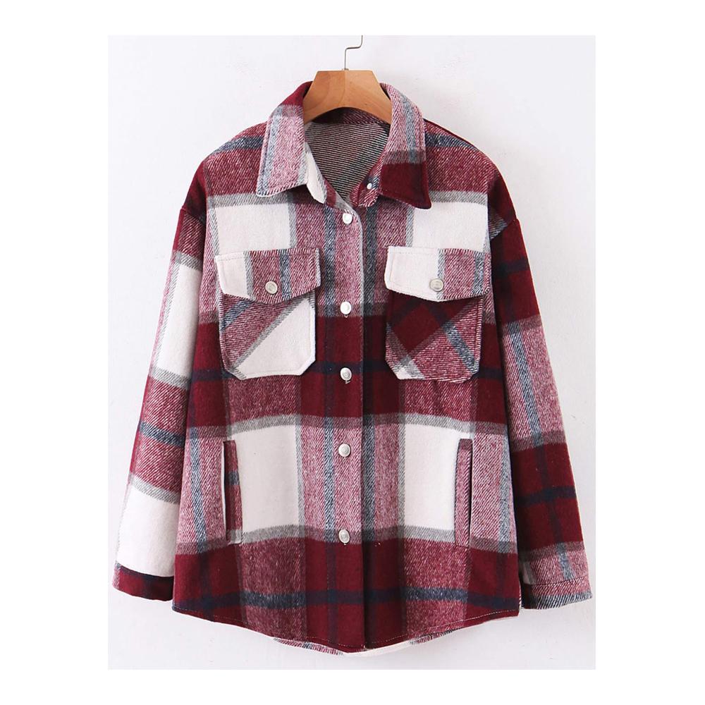 Damen Flanell Karo Shacket Langarm Baumwollbluse mit Revers und Knopfleiste