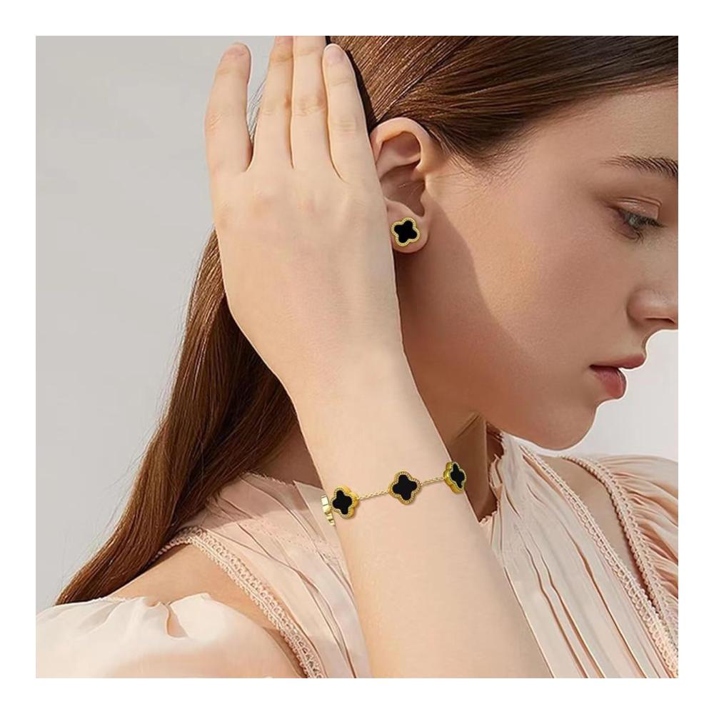 Glücksklee Schmuck-Set für Damen | 18K Vergoldete Kleeblatt Halskette Ohrringe Armband | Vierblättriges Kleeblatt Schmucksets