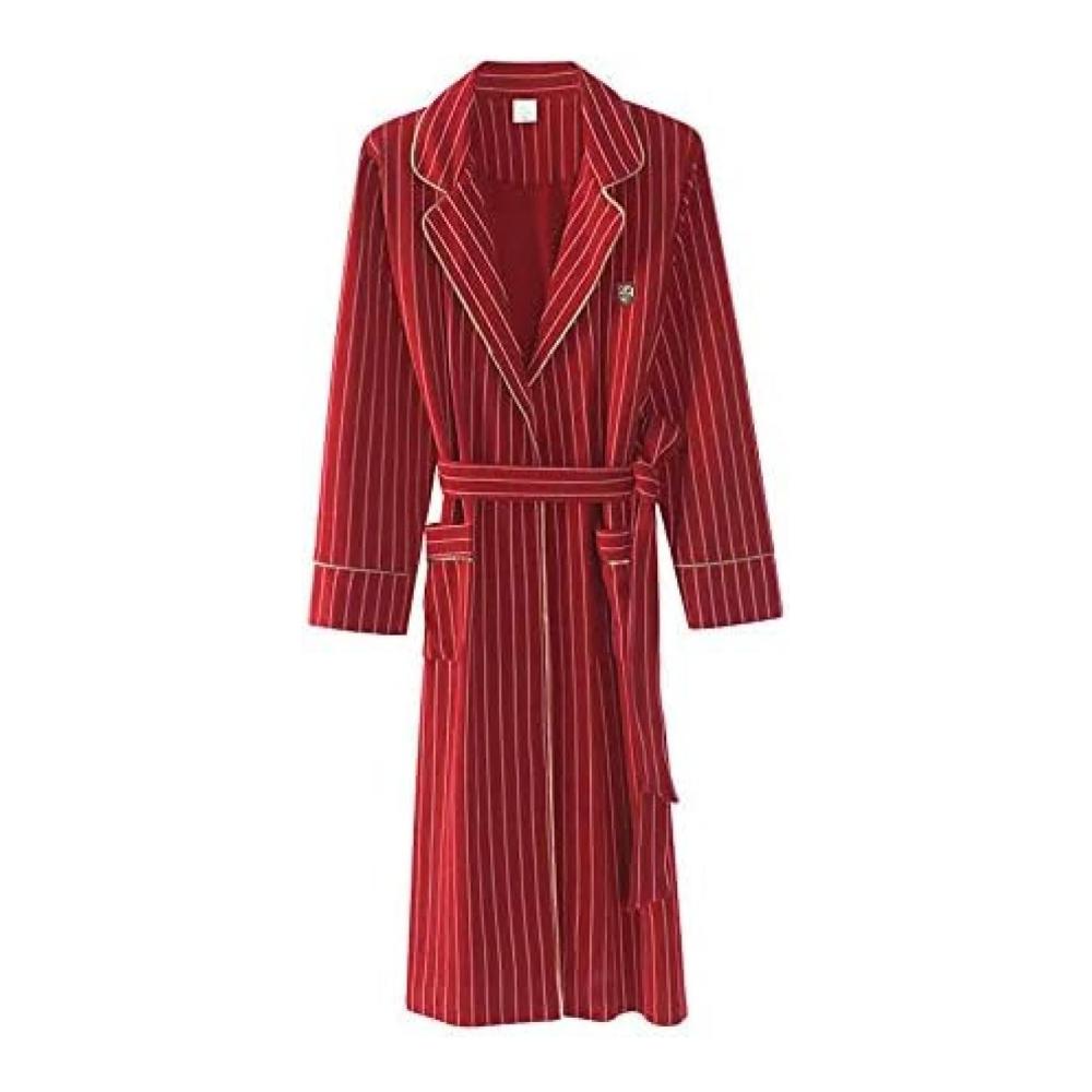 Damen Baumwoll-Bademantel | Mittellang Langärmelig | Frühlings- und Herbstrobe Sommer-Pyjama | Sexy dünn gestreift | Rot | Größe M