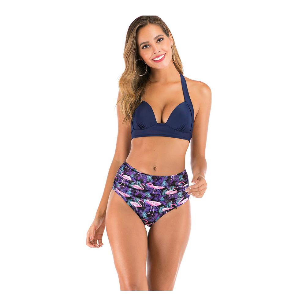 Bedruckter Zweiteiler mit hoher Taille und Rückenausschnitt - Damen Bikini-Anzug