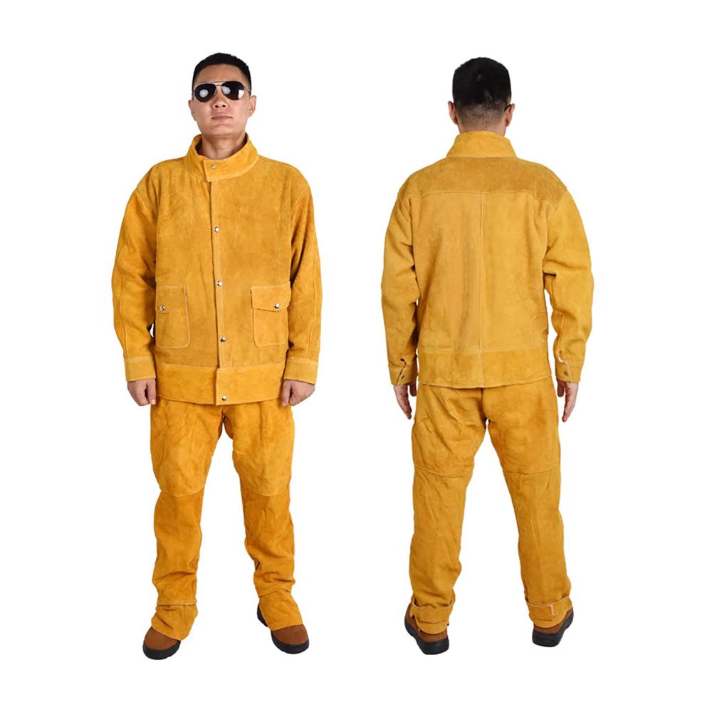 Flammresistenter Kuhleder Schweißanzug XXL – Sicherheitsbekleidung für Holzarbeiter Arbeits-Overalls Schweißjacke Top & Hosen Hitzebeständiger Schutzmantel in Gelb