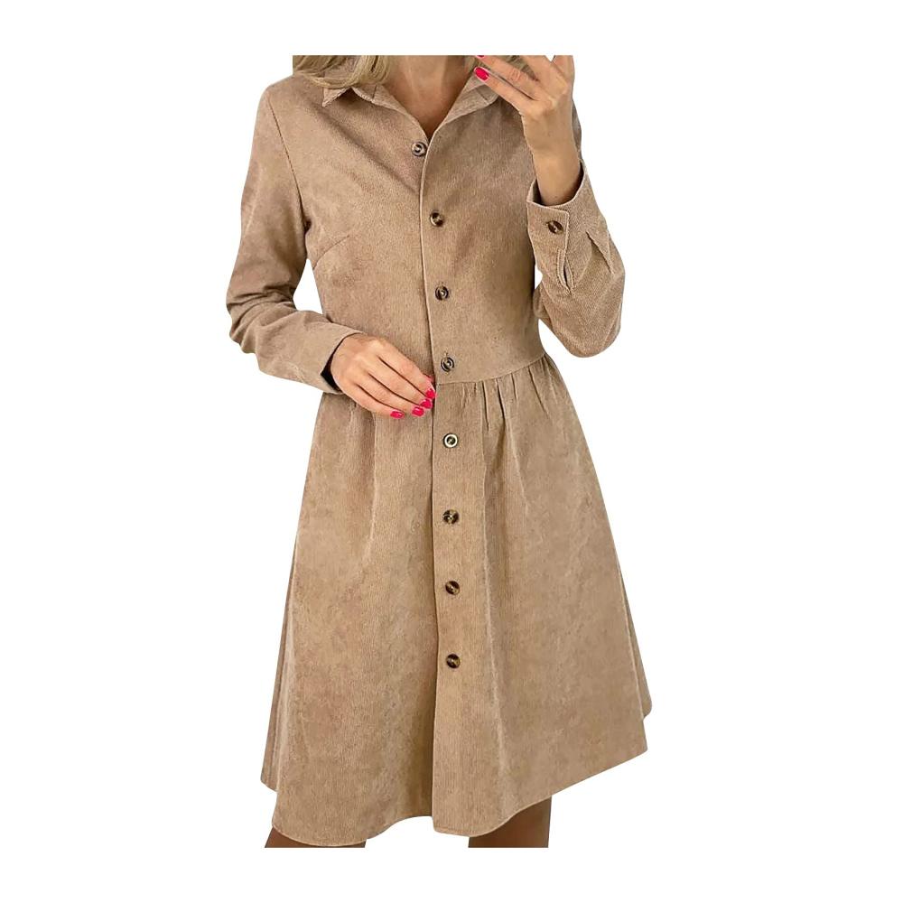 Damen Freizeit Cordkleid - Langarm Hemdkleid mit Swing-Schnitt und Blusenoptik Casual A-Linien Kleid für Herbst und Winter - Vintage Longshirt im eleganten Stil Leinen Tunikakleid mit Einreiherdesign