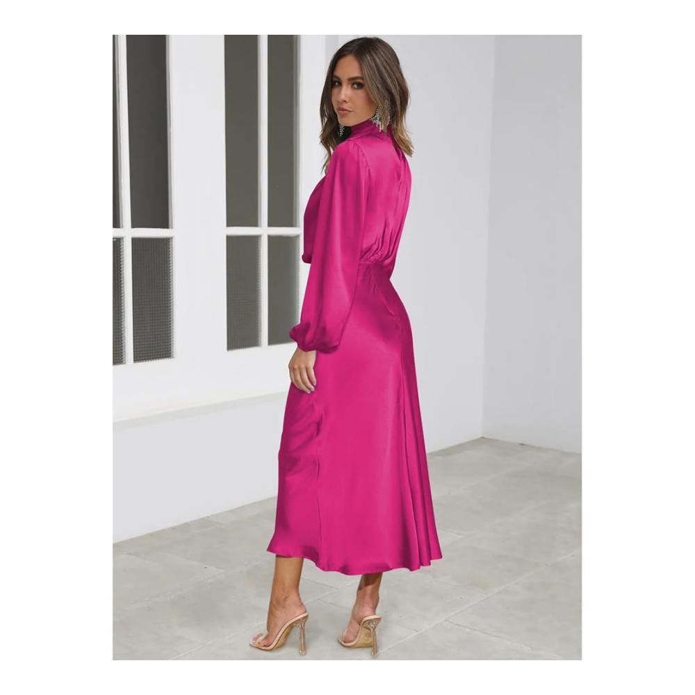 Cocktailkleid Damen Modisches Bankettkleid Hochzeitsgastkleid mit langen Ärmeln lockeres Satinkleid für Bankette und Abendveranstaltungen
