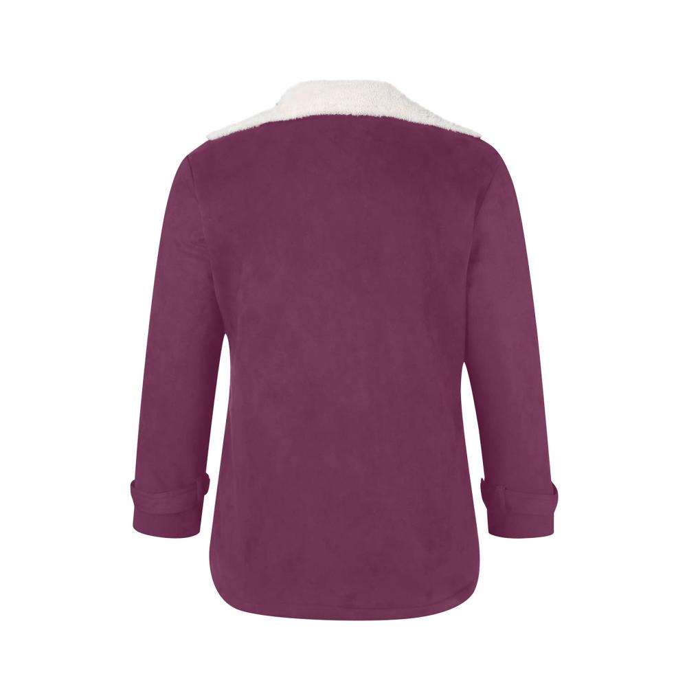 Damen Fleecejacke mit Pelzkragen | Wintermantel für Frauen | Warme Strickjacke mit Schaffell-Futter | Einfarbige Langarm-Parka | Casual Knöpfe Mantel für Herbst und Winter