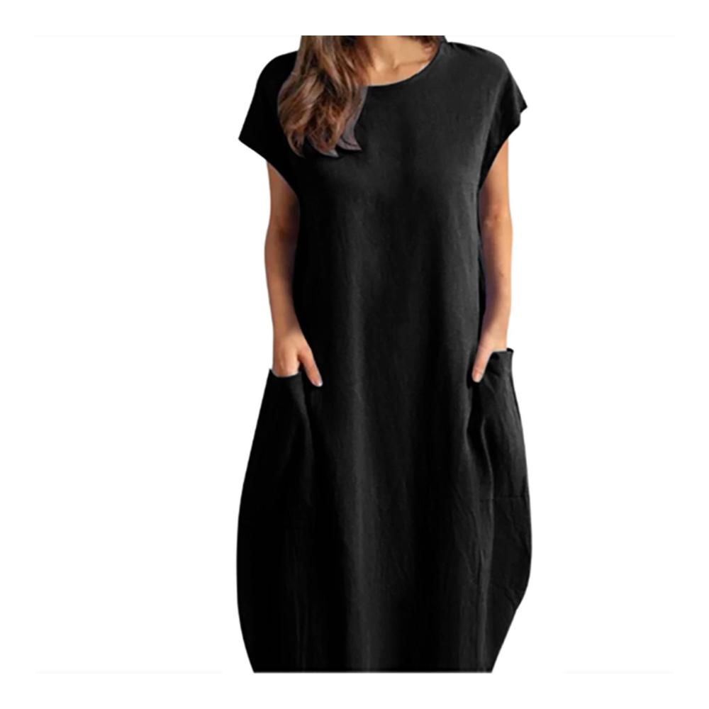 Damen Maxikleid aus Baumwolle und Leinen in großer Größe mit Rundhalsausschnitt Kurzarm und Taschen - Lässiges Sommerkleid für entspannte Freizeitaktivitäten