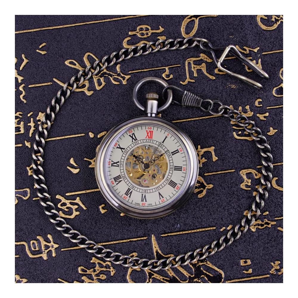 Bronzene Herren-Taschenuhr | Antik Mechanisch Skelett Römische Ziffern | Inklusive Kette und Box