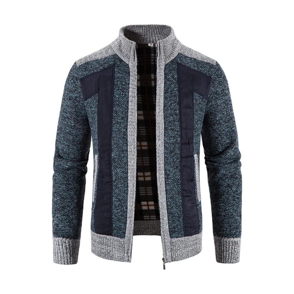 Herren Strickjacke mit Stehkragen und Reißverschluss für Herbst und Winter - Gestreifter Zipper Cardigan Feinstrick Trachtenjacke gestrickter Wintermantel mit Taschen Outdoor Warm Winterjacke Strickmantel