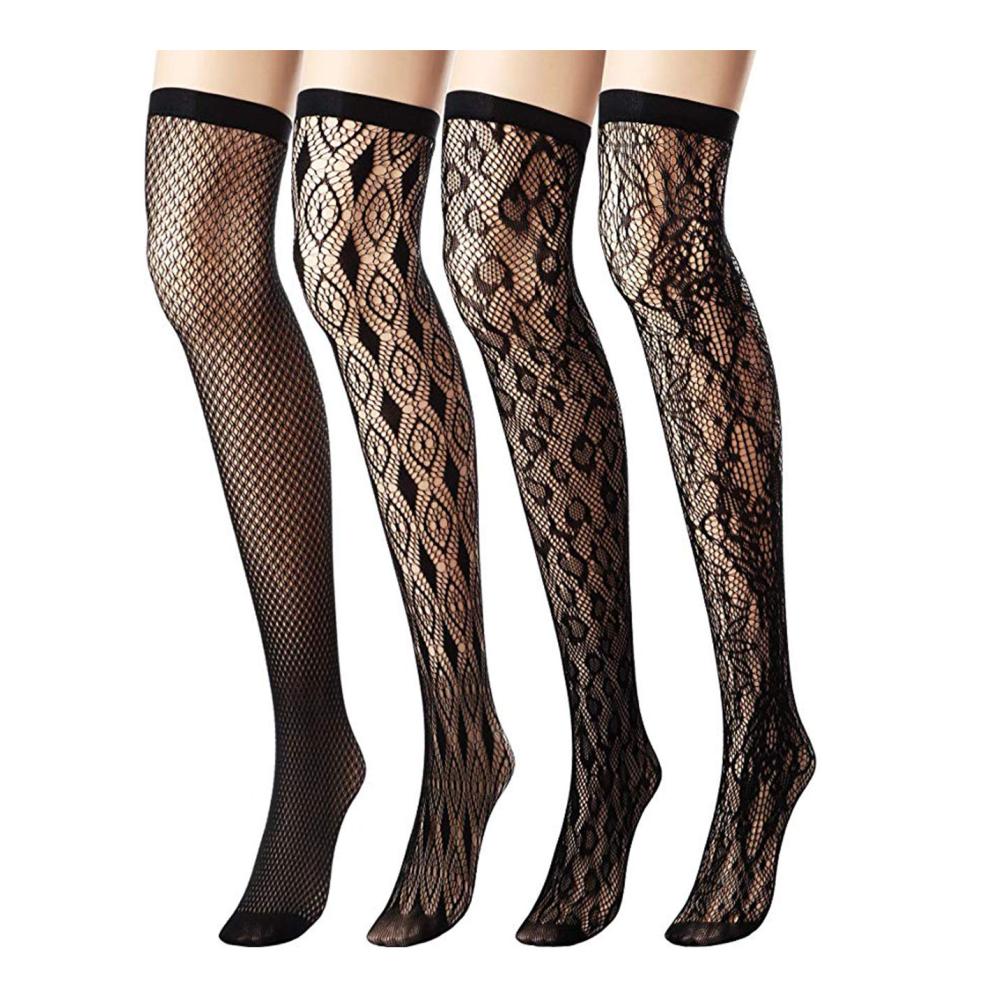4 Paar Damen Halterlose Strümpfe mit Blumenmuster - Schwarze Nylon Spitzen Straps Einheitsgröße 36-40