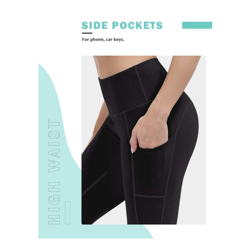Damen Capri Leggings mit Handytasche Blickdichte High Waist Sporthose