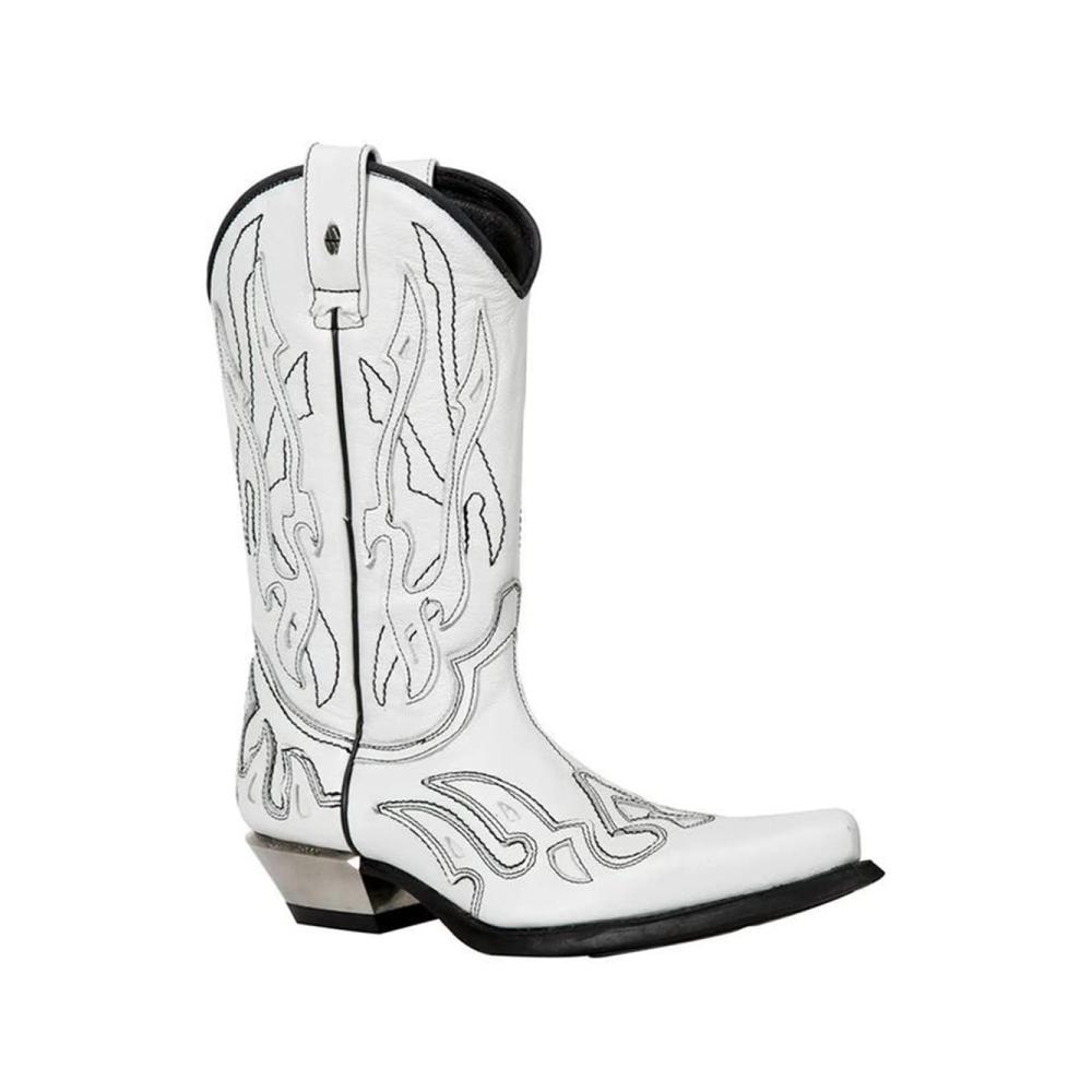 Herrenstiefel Vintage PU Leder Cowboy Reiterstiefel | Spitz zulaufend Klotzige Ferse | Outdoor Casual Sport Stiefel 38-48 | Weiß 45