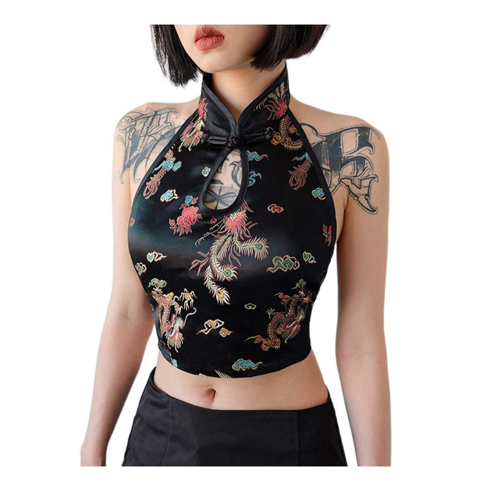 Chinesischer Stil Dragon Stickerei Crop Top - Damen Tanktops & Träger-Tops