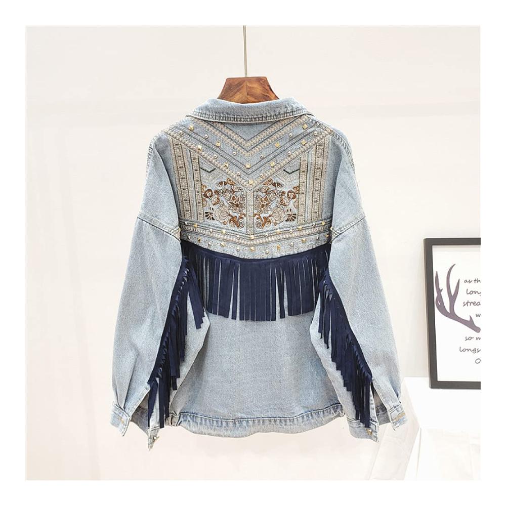 Boho Damen Jeansjacke mit Vintage Blumenstickerei und Fransen - Feminine Jacke für einen stilvollen Look