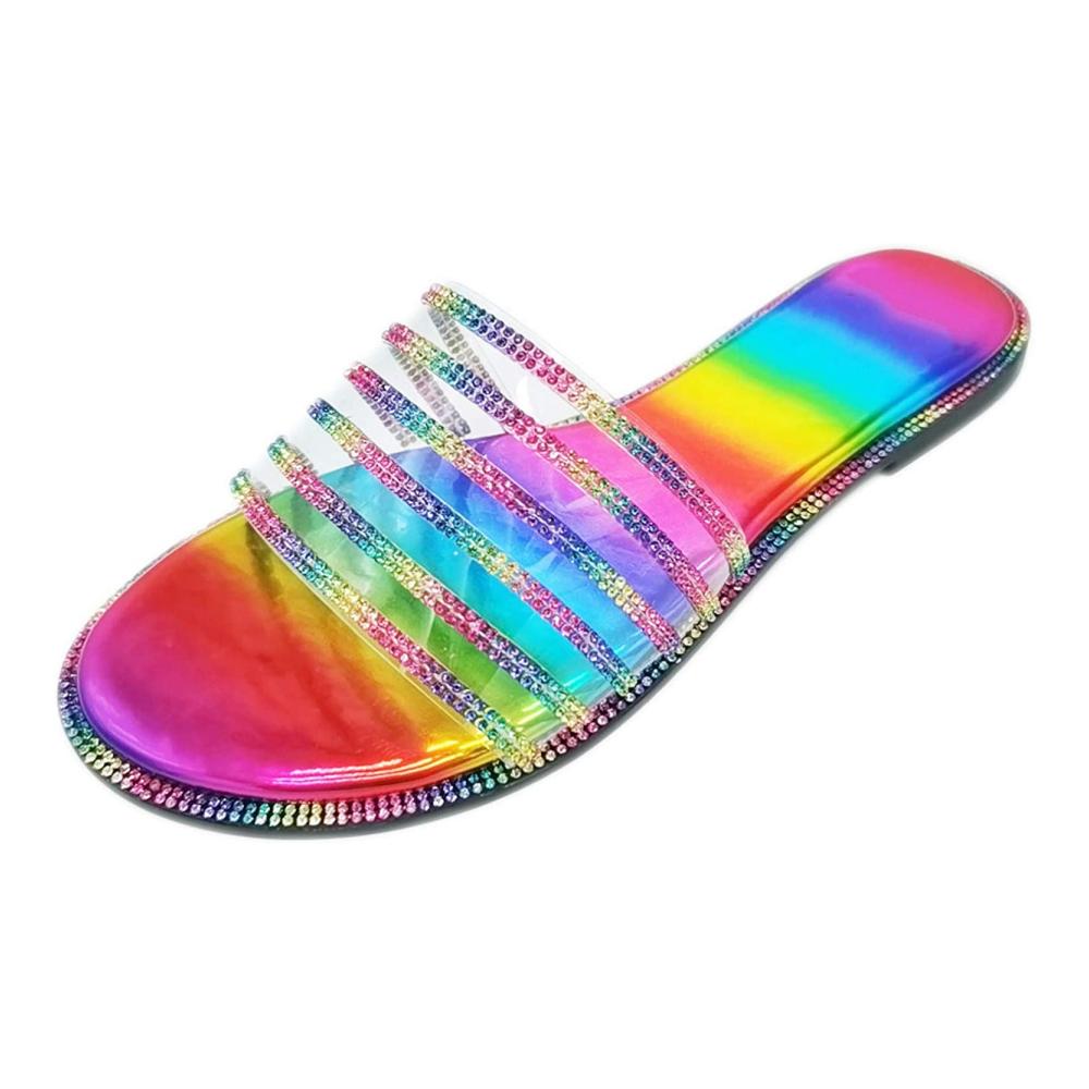 Damen-Sommer-Sandalen Bequeme Kristallschuh-Flats für modische Anlässe Retro Flipflops mit Knöchelriemen für Strand und Reisen (Multicolor