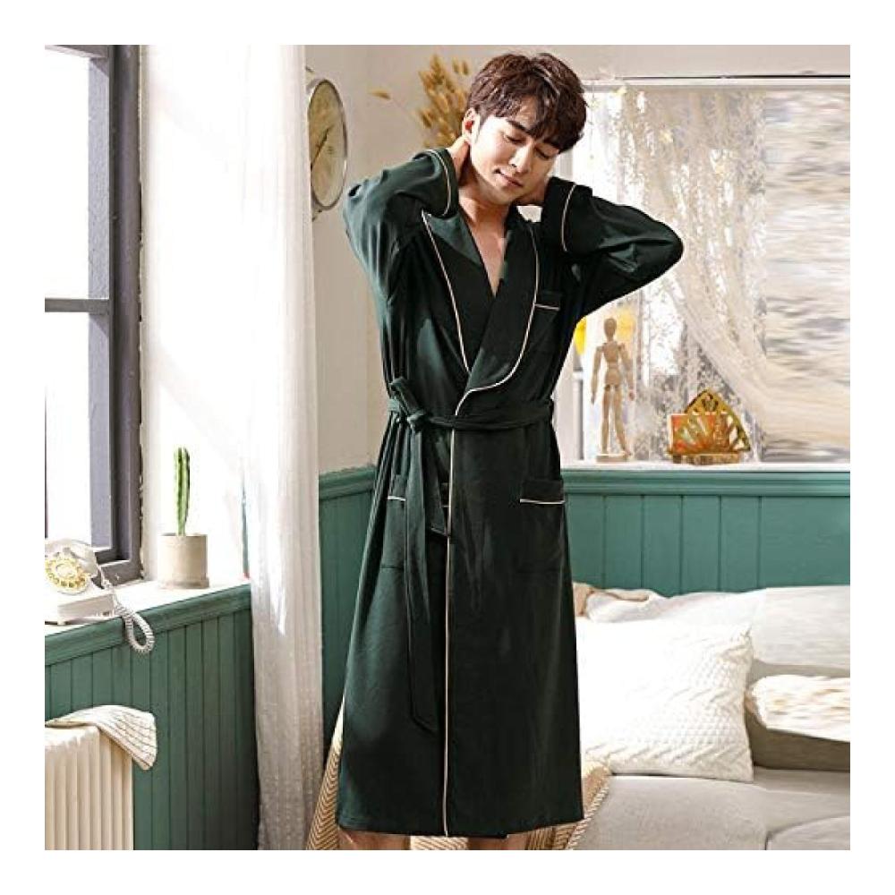 Herren Bademantel - Langärmeliges Baumwollpyjama-Nachthemd für Frühling & Herbst - Winterlicher Yukata in Dunkelgrün - Langer Bademantel aus Baumwolle Größe L