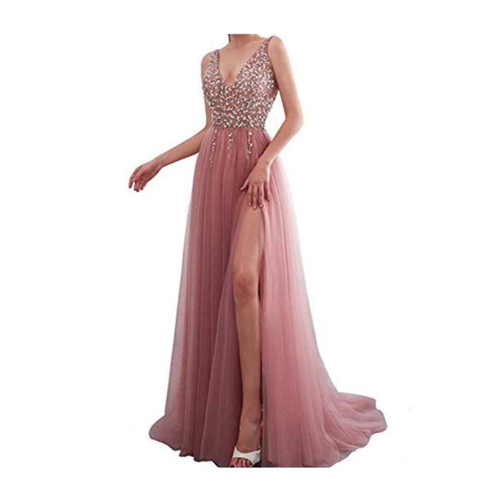 Brautjungfernkleid mit tiefem V-Ausschnitt rückenfreiem Design Pailletten und hoher Taille aus Mesh – Elegantes Partykleid für Frauen