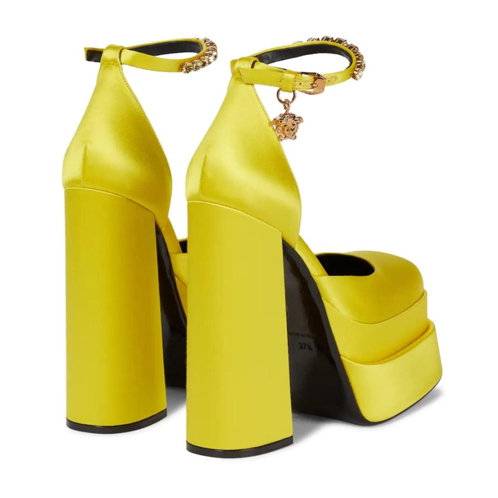 Plateau Chunky Blockabsatz Silk Satin Square Toe Ankle Strap Wedge Pumps – Yellow Size 43