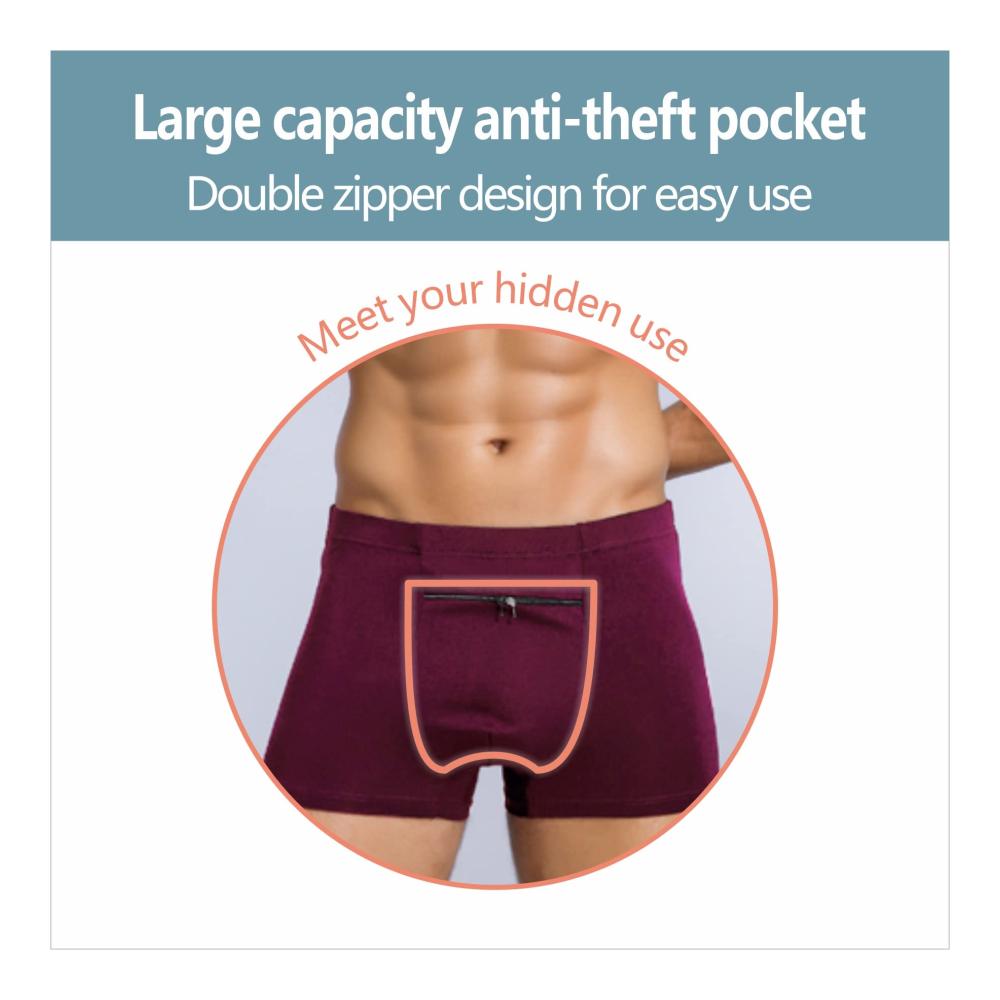 Pickpocket-Proof Boxer Briefs 2-Pack Mens Burgundy Underwear with Secret Hidden Pocket for Travel Security