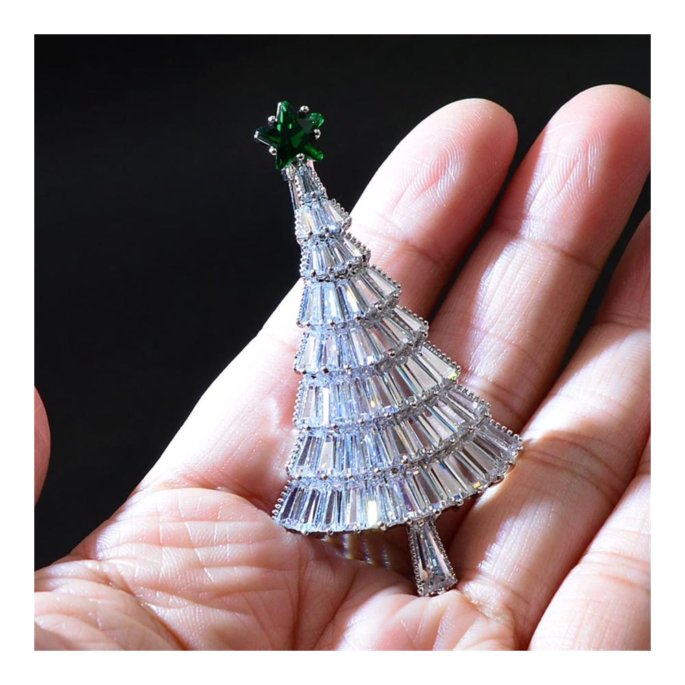 Weihnachtsbroschen Festlicher Modeschmuck mit Crystal Cube Zirkonia - Damen Bankett Accessoire für die Feiertage (Silber