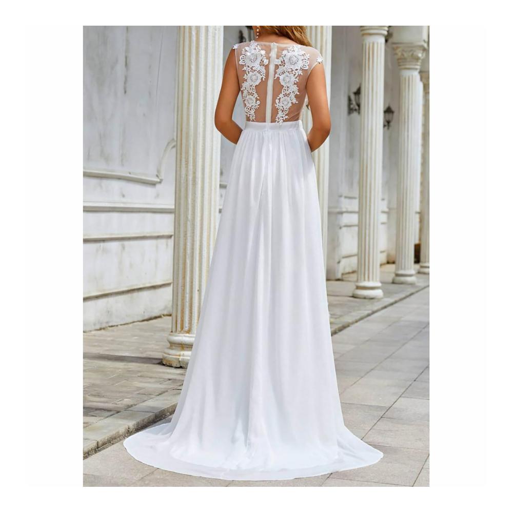 Exquisite Weiße Brautkleider Chiffon-Spitze Schlitz-Design Perfekte Brautjungfernkleider und Abschlussballkleider mit Langer Schleppe für die anspruchsvolle Braut