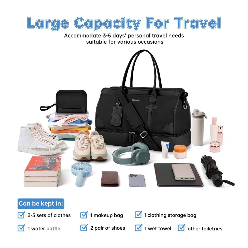 Premium Damen Weekender Reisetasche Set - Große Tasche mit Schuhfach Nass-Tasche & Kulturtasche - Ideal für Krankenhaus - 4-teiliges Sporttaschen-Ensemble (Schwarz1
