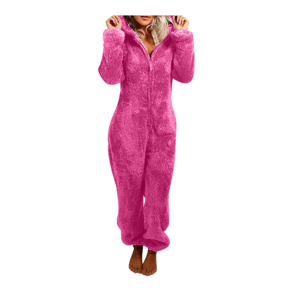 Teddy Fleece Jumpsuit für Damen - Winter Einteiler mit Kapuze Flauschiger Schlafanzug Plüsch Kuschelig Overall Lang Schlafoverall Warme Onesie Anzug Hausanzug in verschiedenen Größen S-5XL