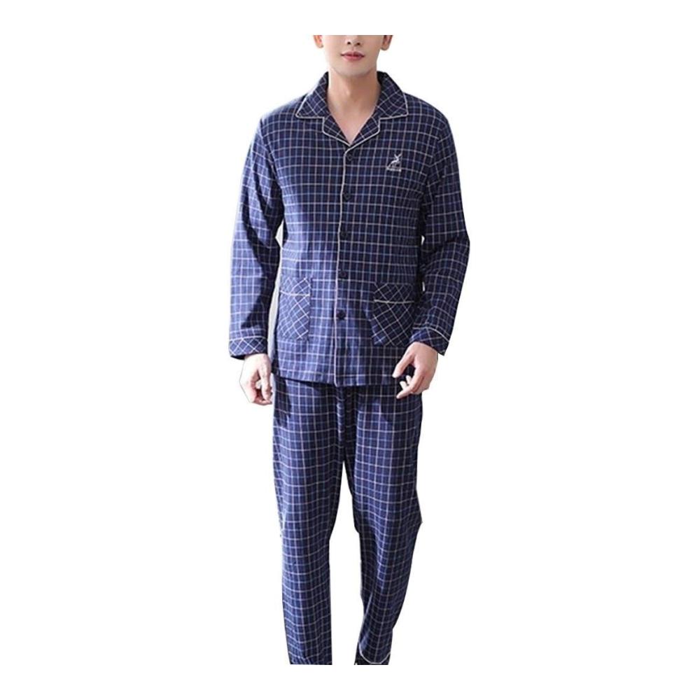 Herren Schlafanzug Langarm Pyjama-Set aus dünnem Baumwollgewebe für Frühling und Herbst