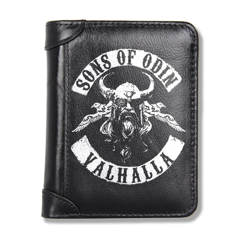 Nordischer Odin Rabe Geldbörse aus Echtem Leder für Herren - Kompakte Vintage-EDC-Geldbörse mit Ausweisfenster und Kreditkartenfächern (Schwarz