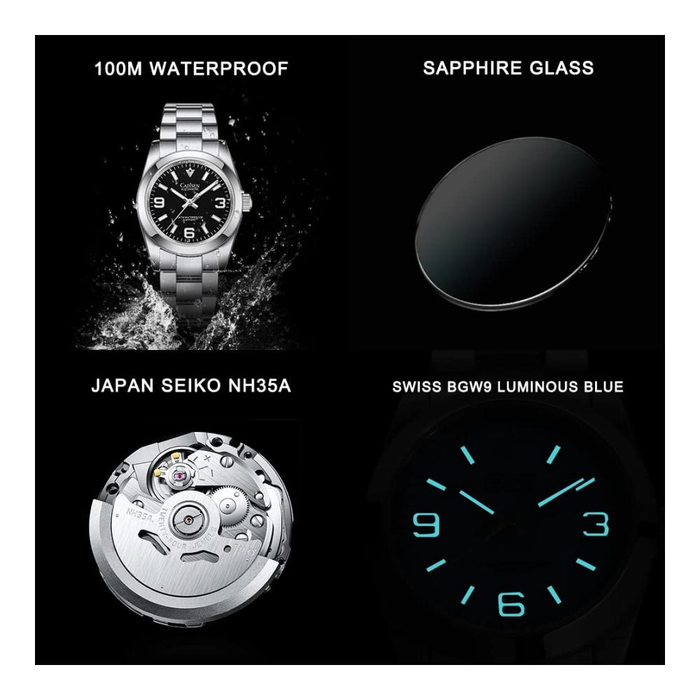 Automatikuhr für Herren Elegante 36MM mechanische Armbanduhr mit Saphirglas und Edelstahlarmband