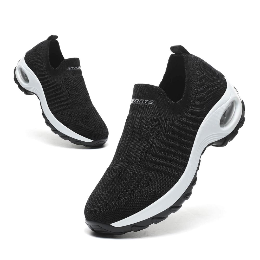 Damen Wanderschuhe Leichte Slip-On Sneaker mit Atmungsaktivem Mesh Luftkissen-Technologie und Keilsohle - Schwarz/Weiß Größe 38 EU