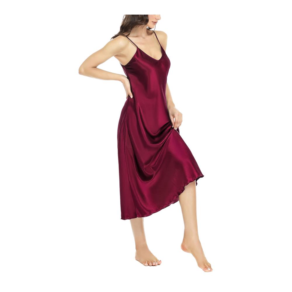 Sexy Satin Damen Nachthemd Lang mit Spaghettiträger V-Ausschnitt - Lovasy Negligee für Frauen